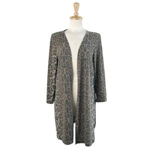HEIMISH USA Cardigan 2X Leopard Fleece Sweater Open Front Long Vented Soft Brown